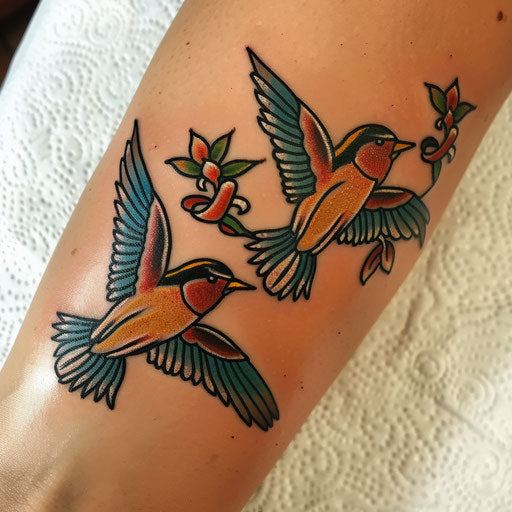 Friendship tattoos in the style of Ed Hardy with classic swallows and banner