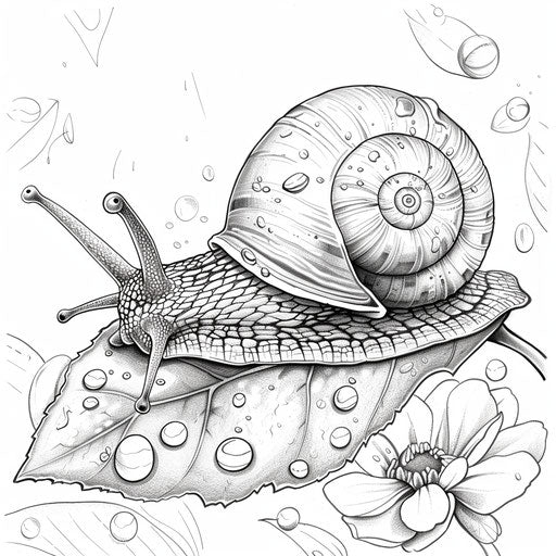 Snail on a leaf with morning dew