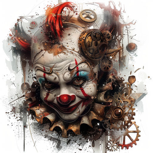 Steampunk clown tattoo with gears on white
