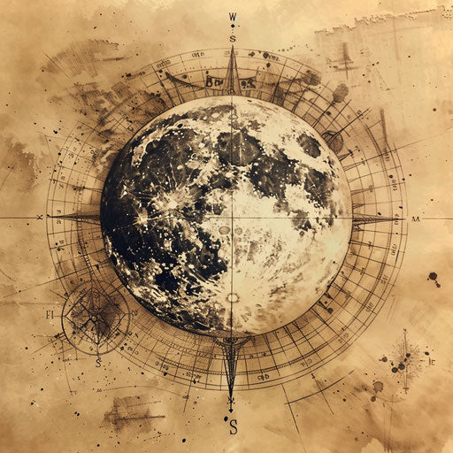 Vintage tattoo sketch of a full moon with antique compass and map