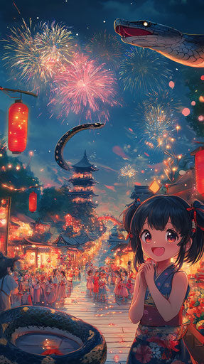 Cute snake and chibi girl, fireworks, cartoon characters