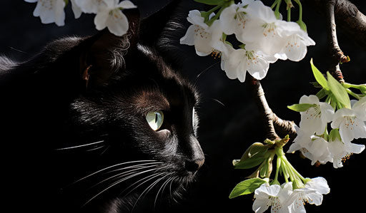 A black cat sniffing white blossoms in an old tree