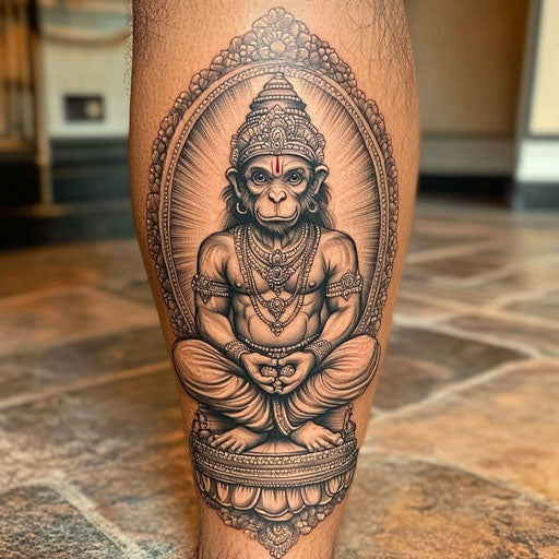 Sak yant tattoo with a mystical Hanuman figure, in the style of David Palumbo