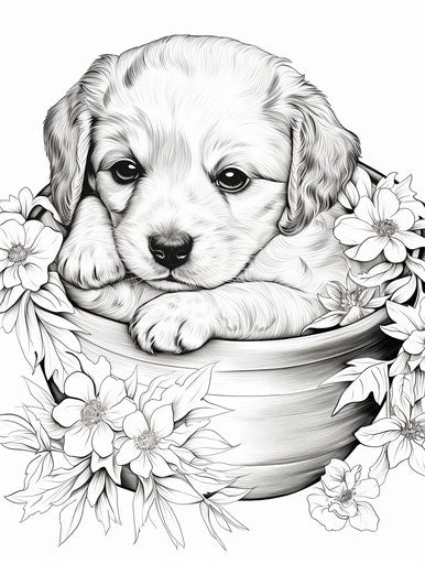 Puppy coloring in bowl with illustrated flowers
