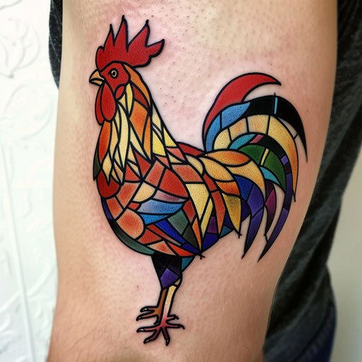 Colorful stained glass rooster tattoo on white background