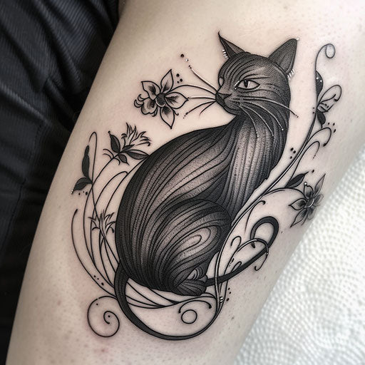 Art nouveau-inspired black cat tattoo, flowing lines and floral motifs on clean white background