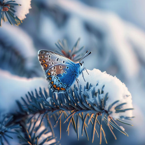 Blue butterfly on snow-covered pine branch