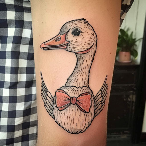 Whimsical flat tattoo sketch of a cartoonish goose wearing a playful bow tie