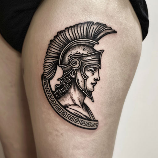 Athena's helmet and shield in black and gray tattoo