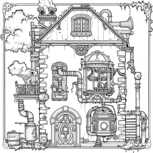 Steampunk house with gears and pipes, coloring book page