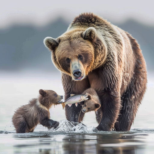 A touching image of a mother bear teaching her cubs to fish