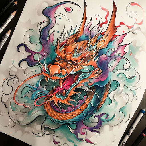 Fantasy tattoo sketch of an oriental mythological creature with whimsical elements and vibrant colors