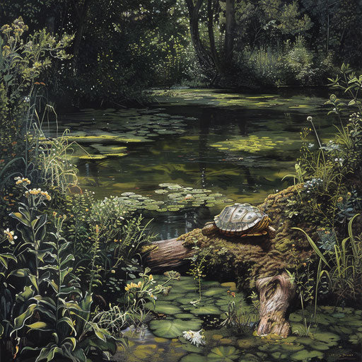 Serene pond covered in algae with wood turtle resting