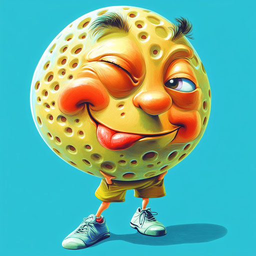 Humorous caricature of a pickleball cartoon with human characteristics, exaggerated rosy cheeks, small feet, miniature, vibrant colors, cartoon style, winking, high-resolution, no background, isolated
