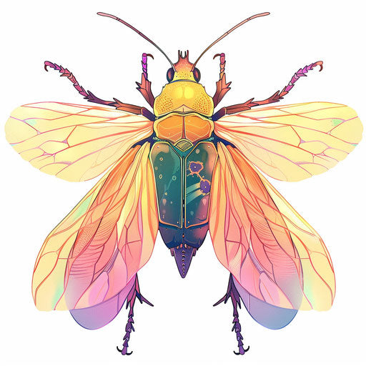 Ethereal tattoo sketch of a beetle with translucent wings and shimmering colors in a flat clipart style