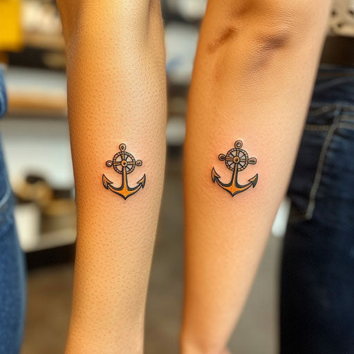 Small matching tattoos of anchor and ship wheel in the style of Sailor Jerry