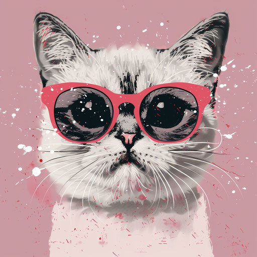 Adorable cat in glasses, light pink and maroon style, primitivist frenzy