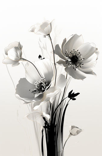 Black and white drawing of flowers in harsh graphic lines style
