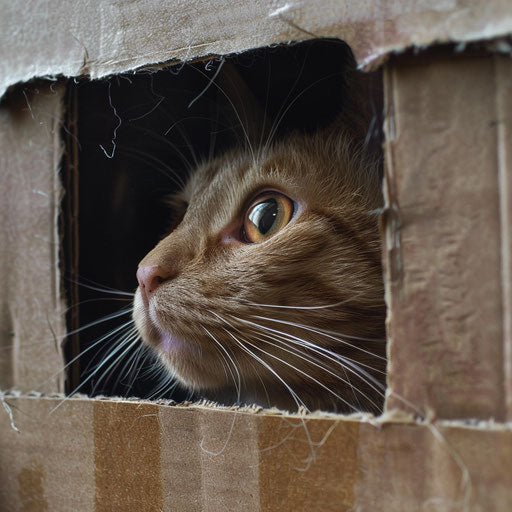 Shelter cat in cardboard box looking out, véradism style