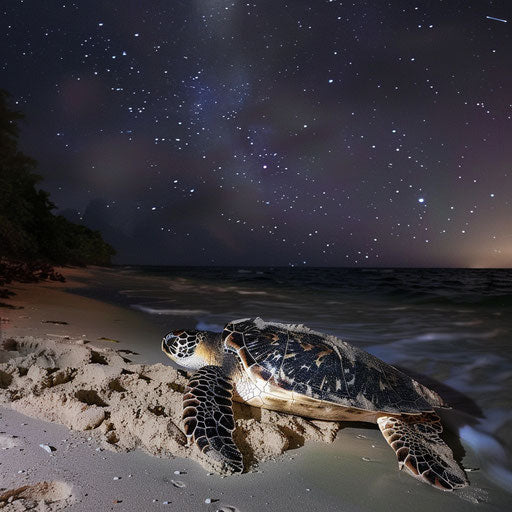Hawksbill sea turtle laying eggs on secluded beach at night