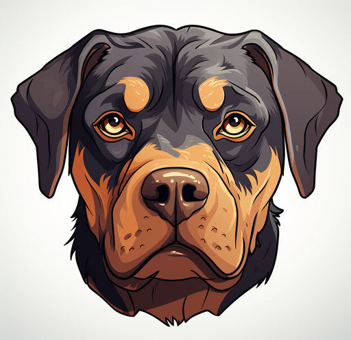 Rottweiler's head and ears on white background, animated exuberance style, dark orange and dark maroon