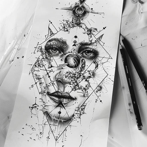 Artistic flat tattoo sketch of a soul transitioning through various spiritual symbols