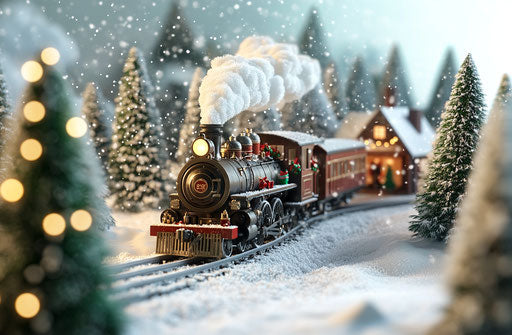 Vintage steam train in snow-covered countryside