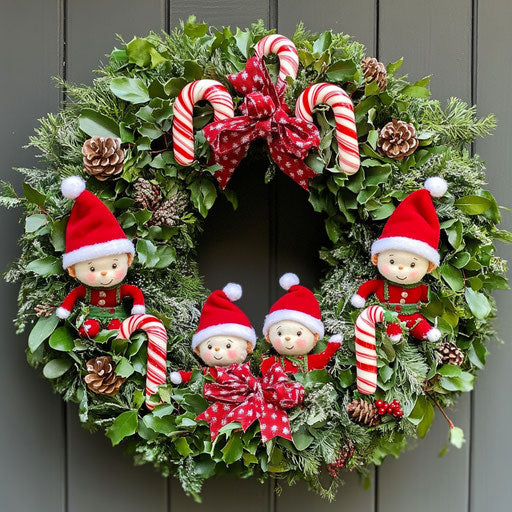 Whimsical wreath with small stuffed elves and candy canes
