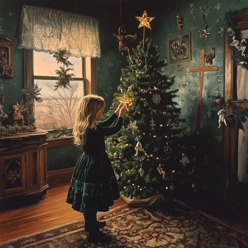 Young girl placing a star on her family's Christmas tree