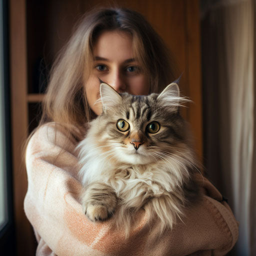A siberian cat being held by its owner