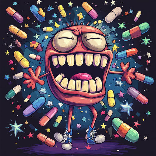Humorous caricature of a medication clipart with human characteristics, exaggerated toothy teeth, thin arms, surrounded by stars, vibrant colors, cartoon style, frowning, high-resolution, no background, isolated
