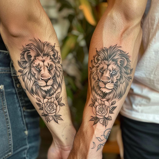 Couple tattoo with matching lions in Ami James style