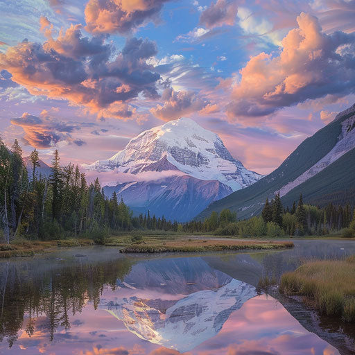Peaceful sunrise on Mount Robson with soft pastel colors