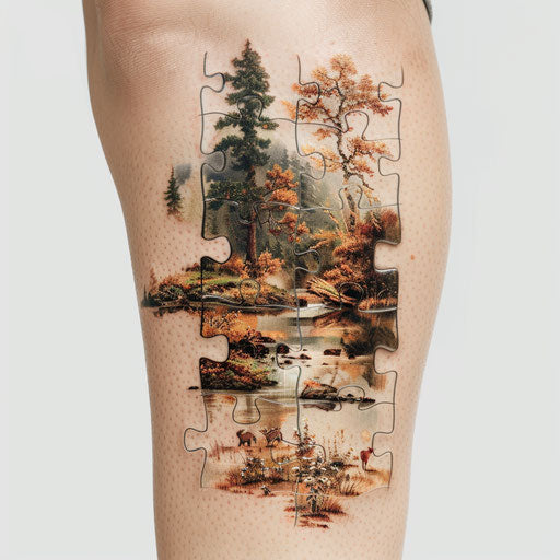 Realistic puzzle piece tattoo with detailed nature scene
