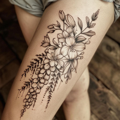 Flat rustic tattoo sketch of a birth flower bouquet