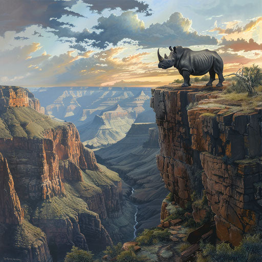 West African black rhinoceros at cliff's edge