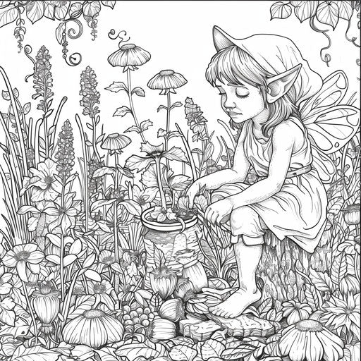 A garden elf caring for magical plants and flowers