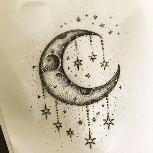 Crescent moon with twinkling stars, tattoo on white background