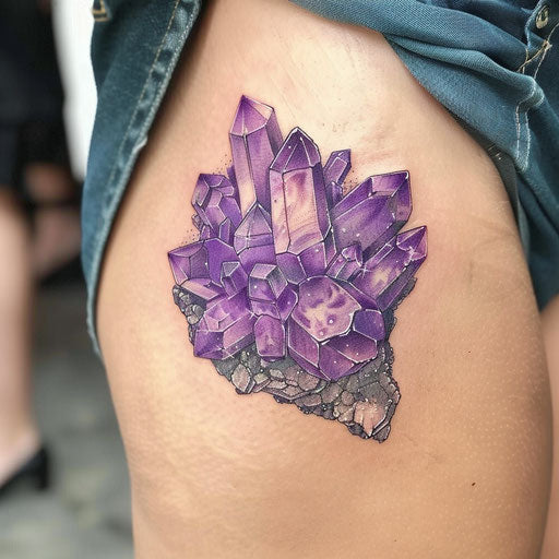 Bold flat tattoo sketch of an amethyst cluster