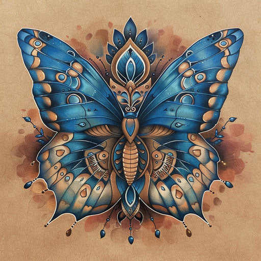 Exotic blue butterfly with tribal patterns and earth tones
