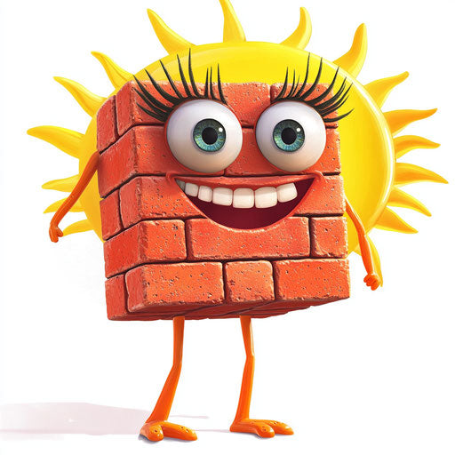 Humorous caricature of a brick caricature clipart with human characteristics, exaggerated long eyelashes, long legs, next to a smiling sun, vibrant colors, cartoon style, laughing, high-resolution, no background, isolated