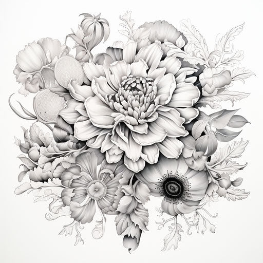 Black and white coloring page with muted tones and intricate details