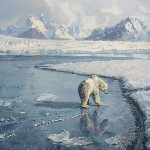 Polar bear walking on ice with snowy mountains in the background