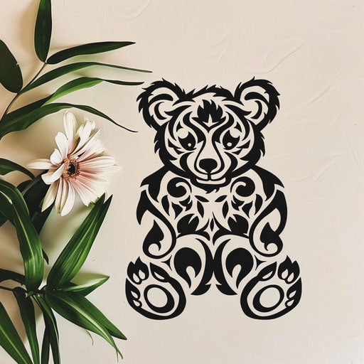 Tribal style black teddy bear tattoo on white canvas