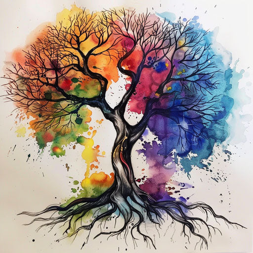 Watercolor and ink tree of life tattoo drawing on canvas