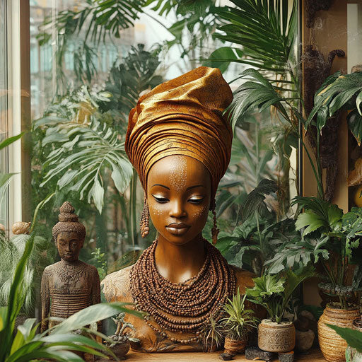 A beautiful kinara surrounded by plants and African cultural artifacts