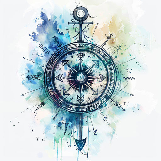 Elegant sketch of a Viking compass with watercolor effects
