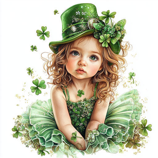 St. Patrick's Day baby girl with hat, cute ballerina, surrounded by glittery shamrocks and clovers clipart, white background, vivid colors, hyper-realistic