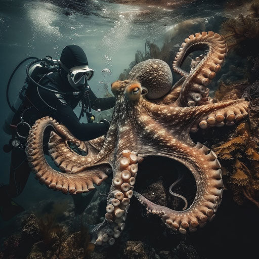 Dramatic encounter between an octopus and a diver