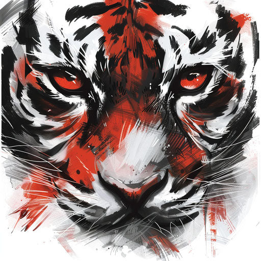 Bold and dramatic tattoo sketch of tiger eyes in a flat style, highlighted with red and black